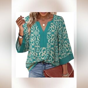 Teal Boho Paisley Tunic Blouse V Neck Flowy Top XL